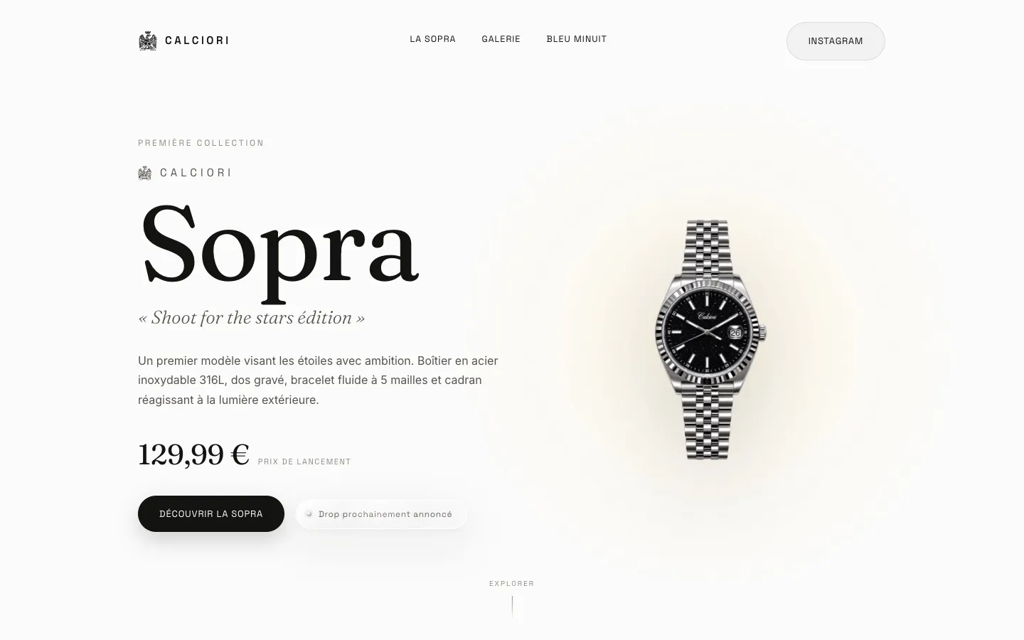 Page de lancement de la montre Sopra de Calciori